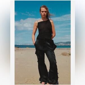 Zara Black HIGH-WAIST SATIN CARGO TROUSERS PANT